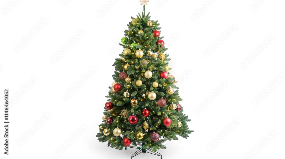 tree decorated with ornaments and festive lights isolated on white. Festive christmas tree with lights and ornaments tree decorated with ornaments and festive lights isolated on white. Festive christmas tree with lights and ornaments