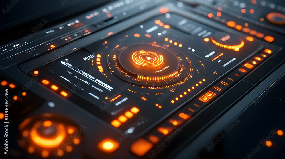 Futuristic control panel with glowing orange elements and digital interface. Futuristic control panel with glowing orange elements and digital interface.