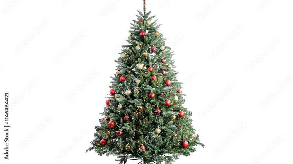 tree decorated with ornaments and festive lights isolated on white. Festive christmas tree with lights and ornaments tree decorated with ornaments and festive lights isolated on white. Festive christmas tree with lights and ornaments