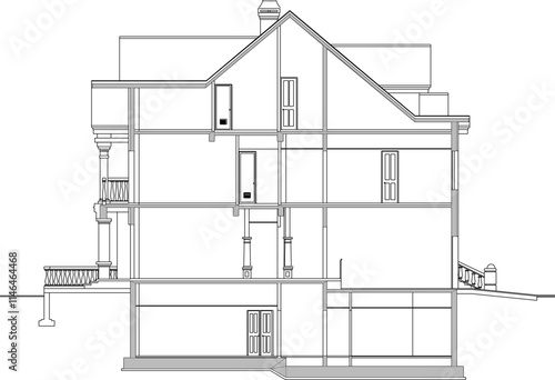 vector sketch illustration silhouette design architectural drawing section looks like an old classic European vintage house.eps