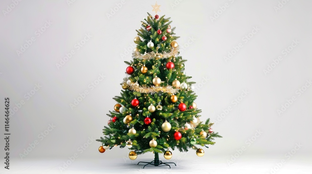 tree decorated with ornaments and festive lights isolated on white. Festive christmas tree with lights and ornaments tree decorated with ornaments and festive lights isolated on white. Festive christmas tree with lights and ornaments