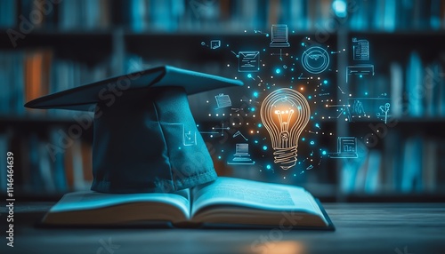 Innovative education concept in a classroom, showcasing technology, science, and mathematics with a graduation cap, lightbulb on a book, and educational icons