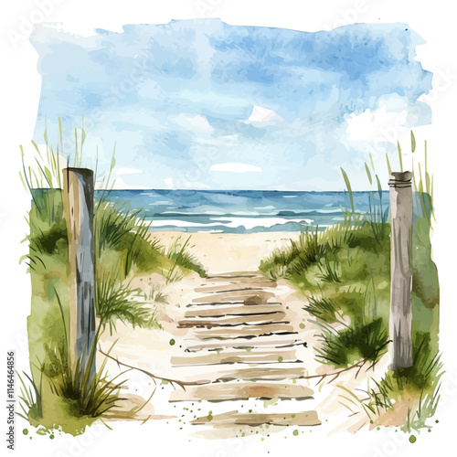 A watercolor painting of a sandy pathway leading to the beach, isolated on a white background. Sandy pathway beach vector.
