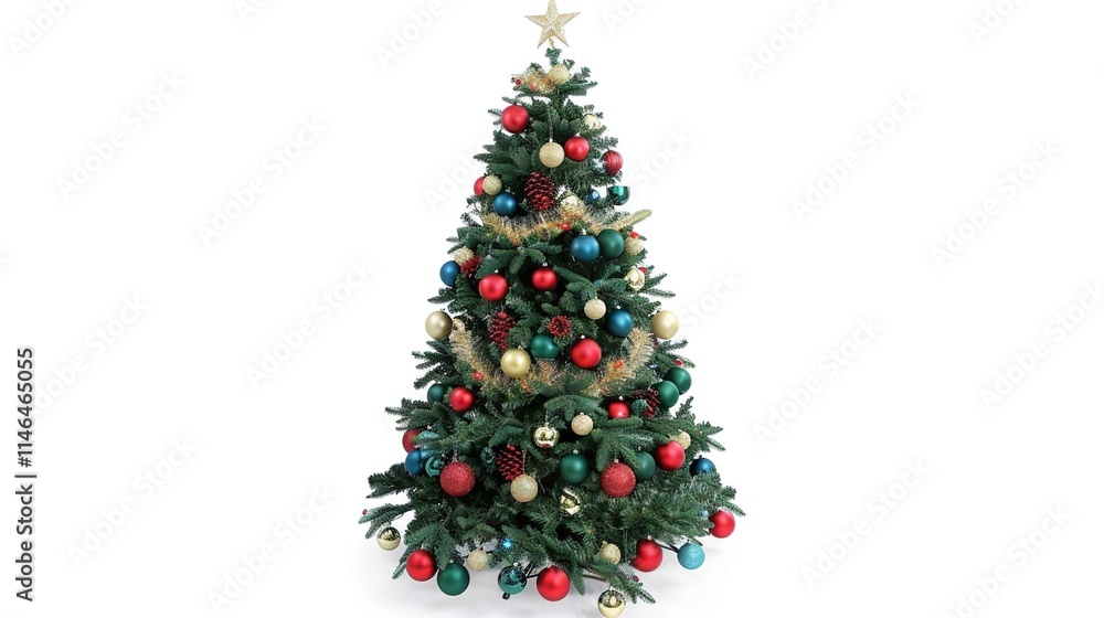 tree decorated with ornaments and festive lights isolated on white. Festive christmas tree with lights and ornaments tree decorated with ornaments and festive lights isolated on white. Festive christmas tree with lights and ornaments