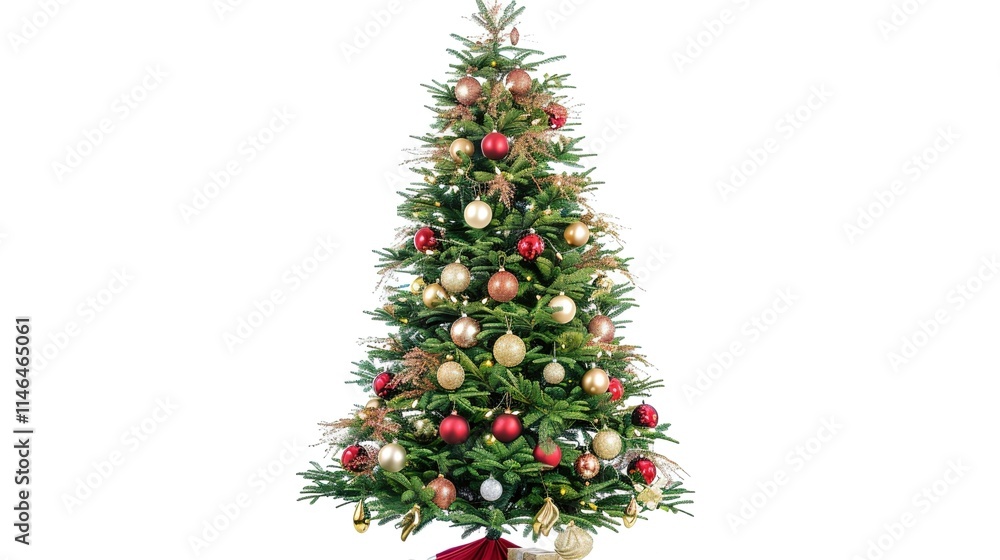 tree decorated with ornaments and festive lights isolated on white. Festive christmas tree with lights and ornaments tree decorated with ornaments and festive lights isolated on white. Festive christmas tree with lights and ornaments