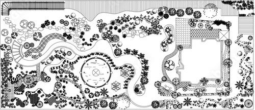 vector sketch illustration silhouette design landscape plan site plan garden with plants and trees.eps