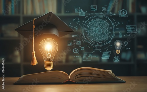 Science, mathematics, and technology education concept, featuring a graduation cap with a lightbulb on a book and learning icons in a classroom environment photo