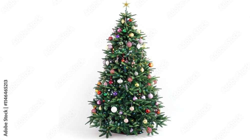 tree decorated with ornaments and festive lights isolated on white. Festive christmas tree with lights and ornaments tree decorated with ornaments and festive lights isolated on white. Festive christmas tree with lights and ornaments