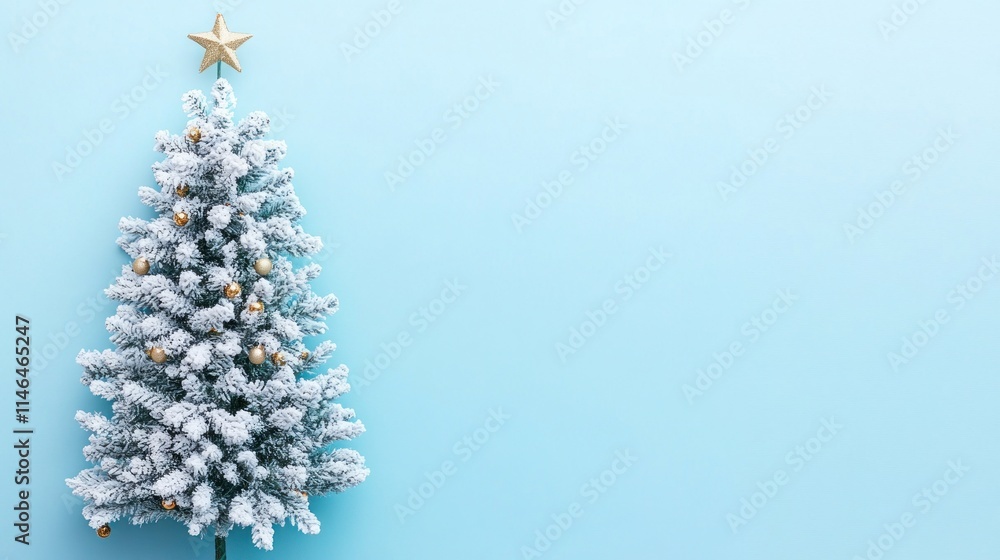 Snowy Christmas tree with gold ornaments on light blue background. Snowy Christmas tree with gold ornaments on light blue background.