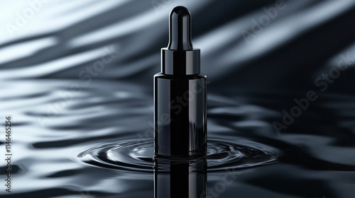 Black dropper bottle resting on rippling dark water surface captured in soft light photo