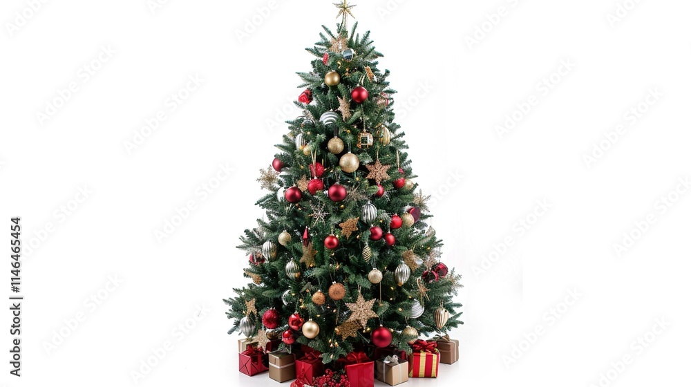 tree decorated with ornaments and festive lights isolated on white. Festive christmas tree with lights and ornaments tree decorated with ornaments and festive lights isolated on white. Festive christmas tree with lights and ornaments