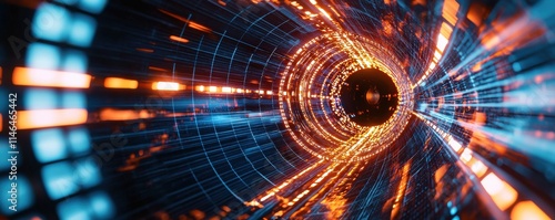 Futuristic tunnel with vibrant lights and dynamic motion effect.