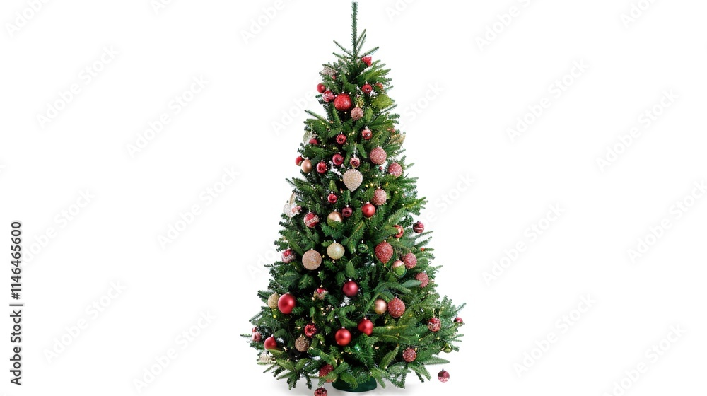 tree decorated with ornaments and festive lights isolated on white. Festive christmas tree with lights and ornaments tree decorated with ornaments and festive lights isolated on white. Festive christmas tree with lights and ornaments
