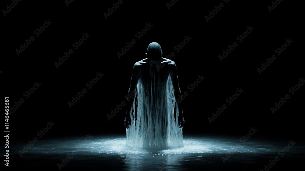 Dark figure emerging from water, back view. Dark figure emerging from water, back view.