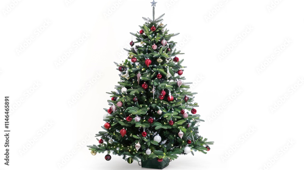 tree decorated with ornaments and festive lights isolated on white. Festive christmas tree with lights and ornaments tree decorated with ornaments and festive lights isolated on white. Festive christmas tree with lights and ornaments