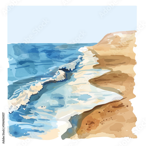 A watercolor vector of a sandy shoreline with blue waves, isolated on a white background. Sandy shoreline blue waves vector.
