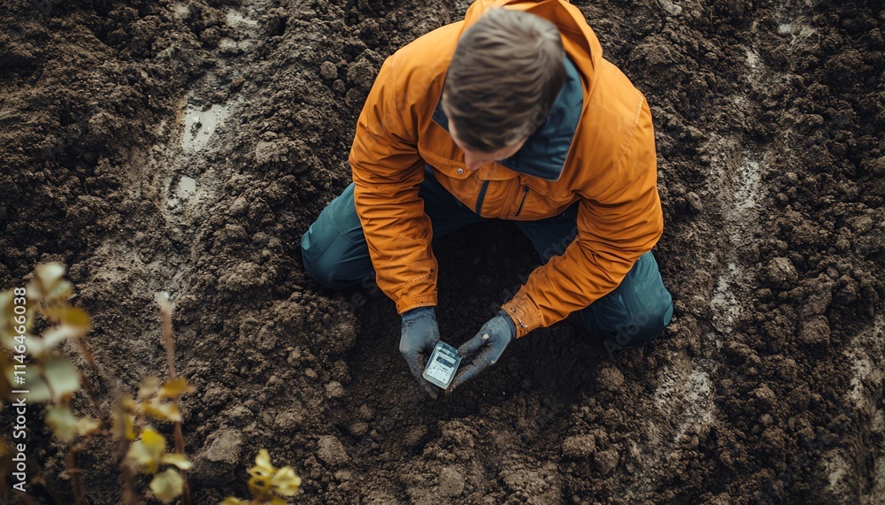 Top view of hands inspecting soil quality, preparing for seed planting, with a focus on smart farming, advanced agricultural technologies, and future farming practices Top view of hands inspecting soil quality, preparing for seed planting, with a focus on smart farming, advanced agricultural technologies, and future farming practices