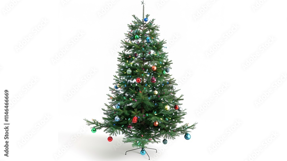 tree decorated with ornaments and festive lights isolated on white. Festive christmas tree with lights and ornaments tree decorated with ornaments and festive lights isolated on white. Festive christmas tree with lights and ornaments