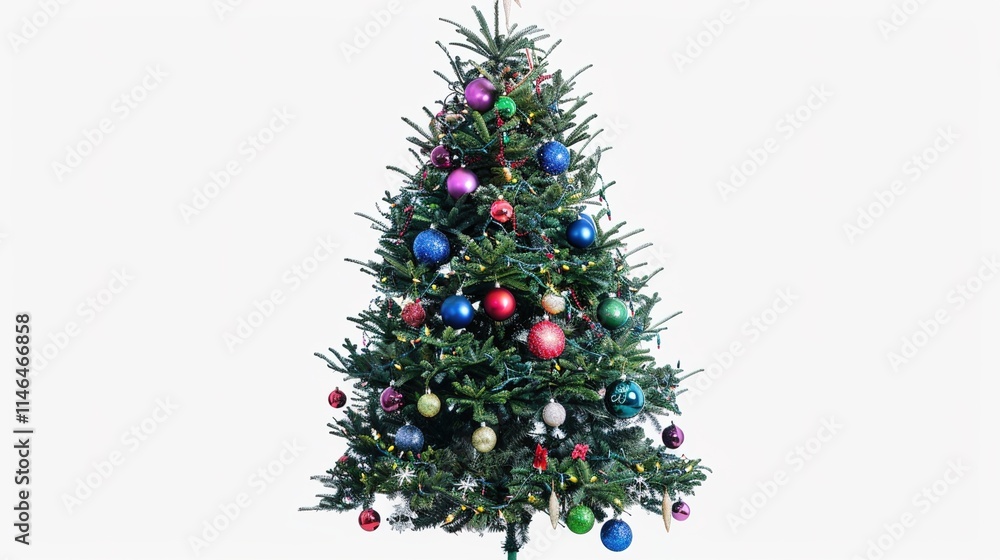 tree decorated with ornaments and festive lights isolated on white. Festive christmas tree with lights and ornaments tree decorated with ornaments and festive lights isolated on white. Festive christmas tree with lights and ornaments