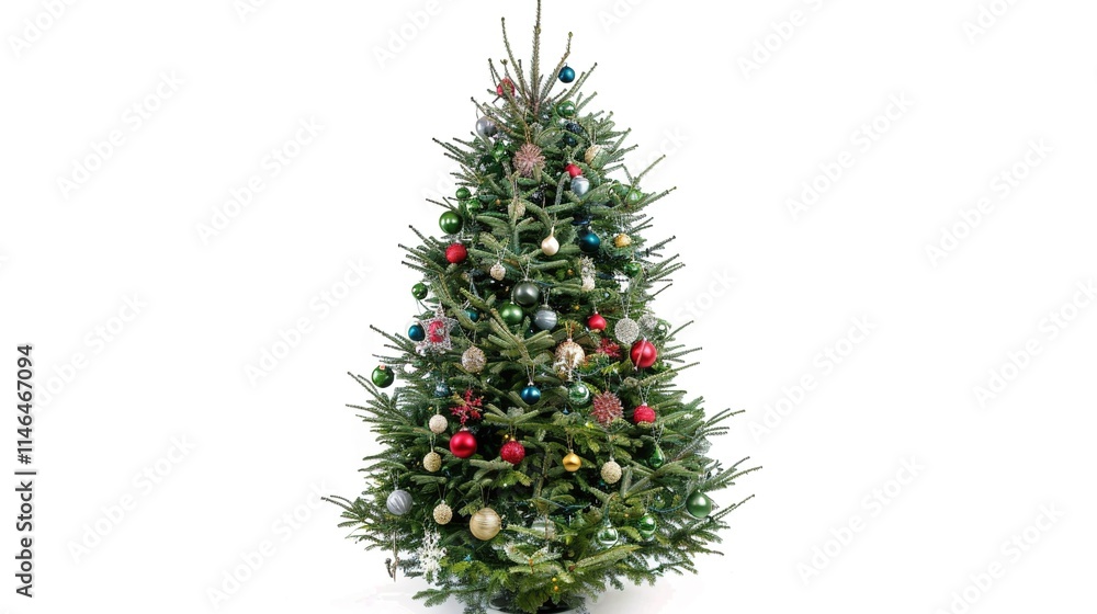 tree decorated with ornaments and festive lights isolated on white. Festive christmas tree with lights and ornaments tree decorated with ornaments and festive lights isolated on white. Festive christmas tree with lights and ornaments