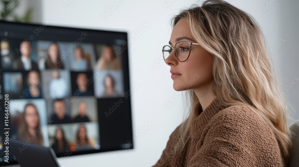 Young woman participates in a virtual meeting while focused on the screen displaying multiple participants' faces Young woman participates in a virtual meeting while focused on the screen displaying multiple participants' faces