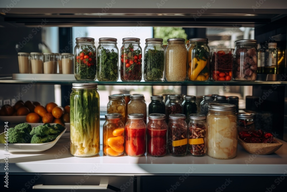 Assorted pickled vegetables in glass jars displayed on a shelf for culinary enjoyment Assorted pickled vegetables in glass jars displayed on a shelf for culinary enjoyment