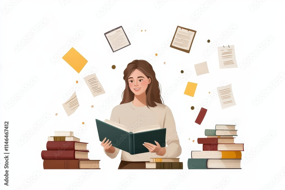Young Woman Reading a Book Surrounded by Floating Papers and Books in a Creative Study Environment Young Woman Reading a Book Surrounded by Floating Papers and Books in a Creative Study Environment