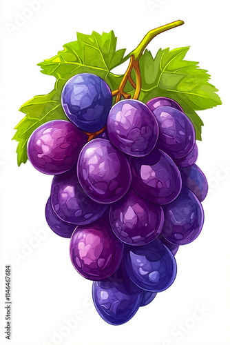 A bunch of purple grapes with green leaves on a white background photo