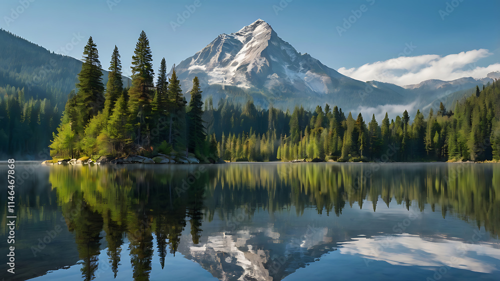 Serene Mountain Lake with Misty Reflections Serene Mountain Lake with Misty Reflections
