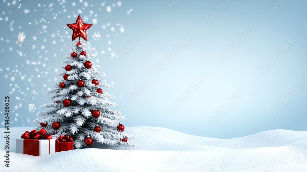 Snowy Christmas tree with red ornaments and gifts. Snowy Christmas tree with red ornaments and gifts.