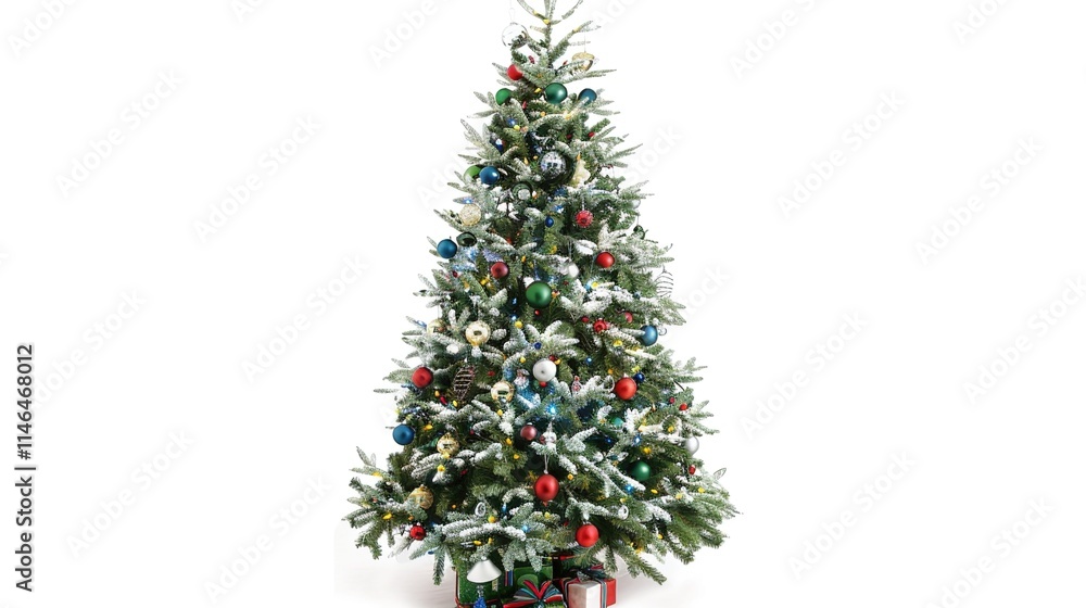 tree decorated with ornaments and festive lights isolated on white. Festive christmas tree with lights and ornaments tree decorated with ornaments and festive lights isolated on white. Festive christmas tree with lights and ornaments