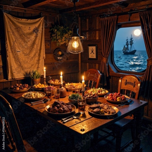 Candlelit dinner on a ship with a view of a sailing vessel under the moonlight photo