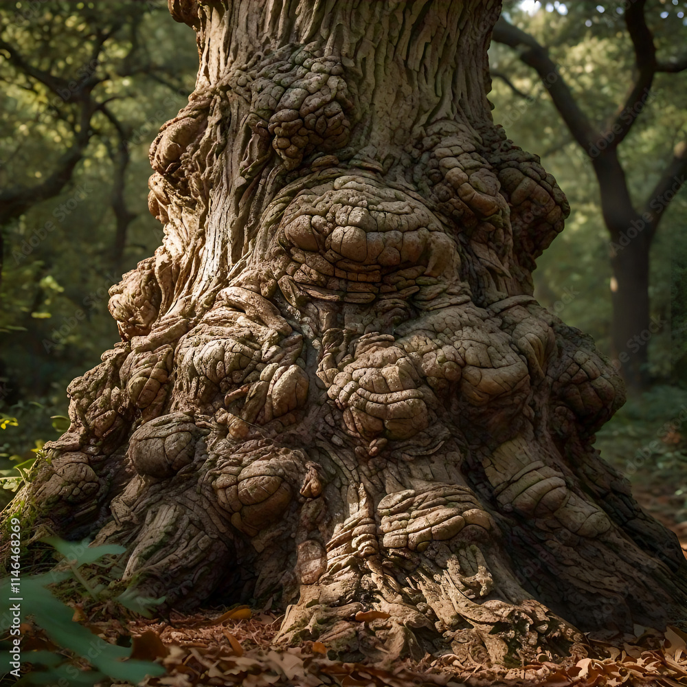 The gnarled and textured base of a large tree possibly an oak covered in burls and displaying intricate patterns in the bark The gnarled and textured base of a large tree possibly an oak covered in burls and displaying intricate patterns in the bark