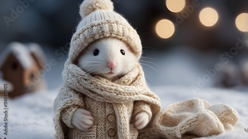 A highly detailed, heartwarming winter scene featuring an adorable white mouse dressed in a charming winter outfit. The mouse wears a cozy knitted hat with a fluffy pom-pom, a tiny scarf wrapped snugl photo