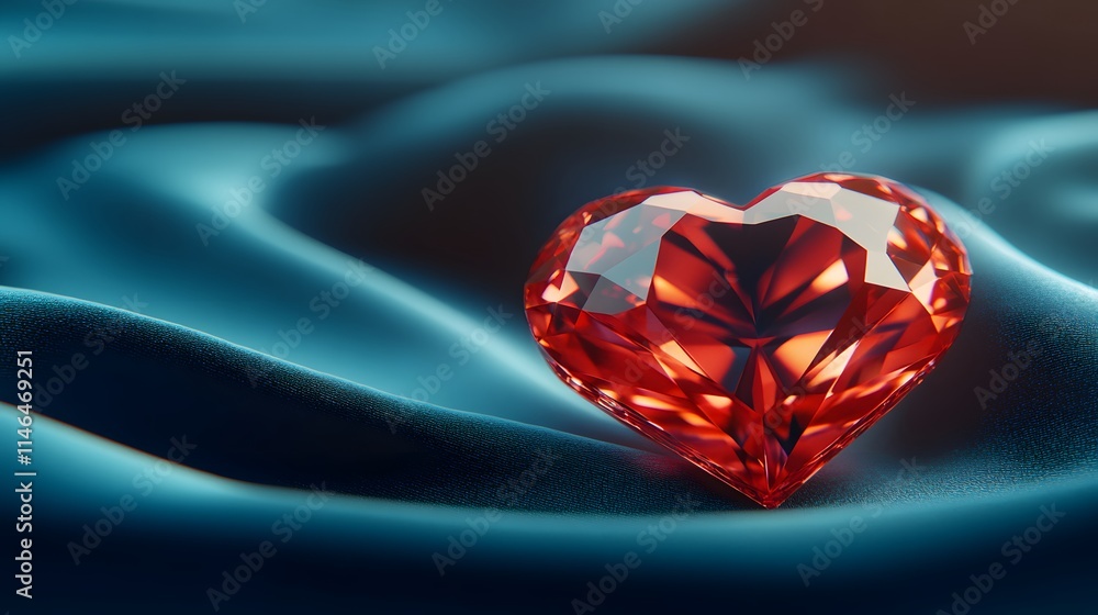 sparkling red heart-shaped gem on silky blue fabric. sparkling red heart-shaped gem on silky blue fabric.