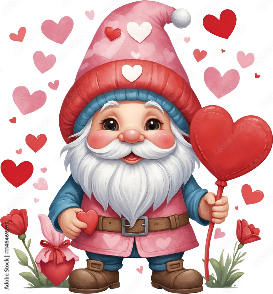 Obraz premium Illustration of cute gnome holding a heart-shaped sign. Love clipart, Valentines day, Isolate on white background.