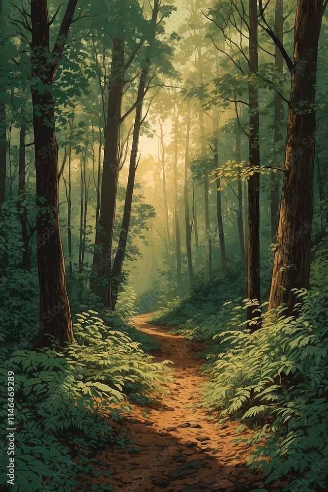 Obraz premium A woodland trail bathed in morning light, deep green leaves, soft mist, and warm earthy tones, in illustration retro 70s style