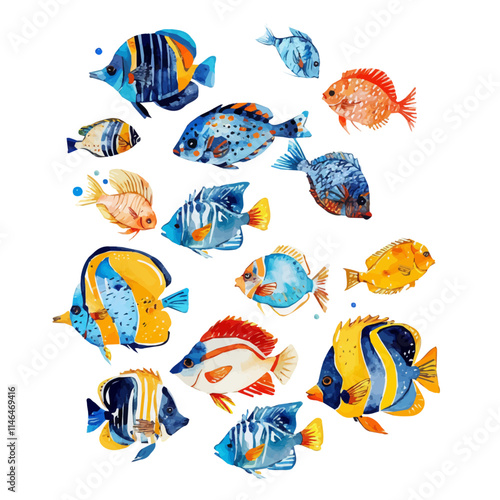 A watercolor drawing of a school of tropical fish in clear waters, isolated on a white background. School of tropical fish clear waters vector.
