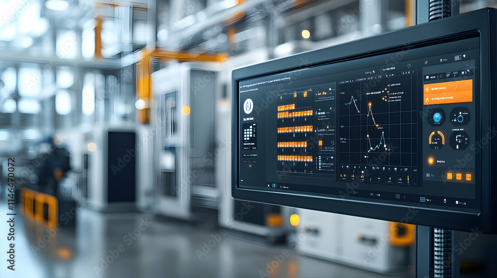 A digital monitor displays data analytics in a modern industrial setting. A digital monitor displays data analytics in a modern industrial setting.