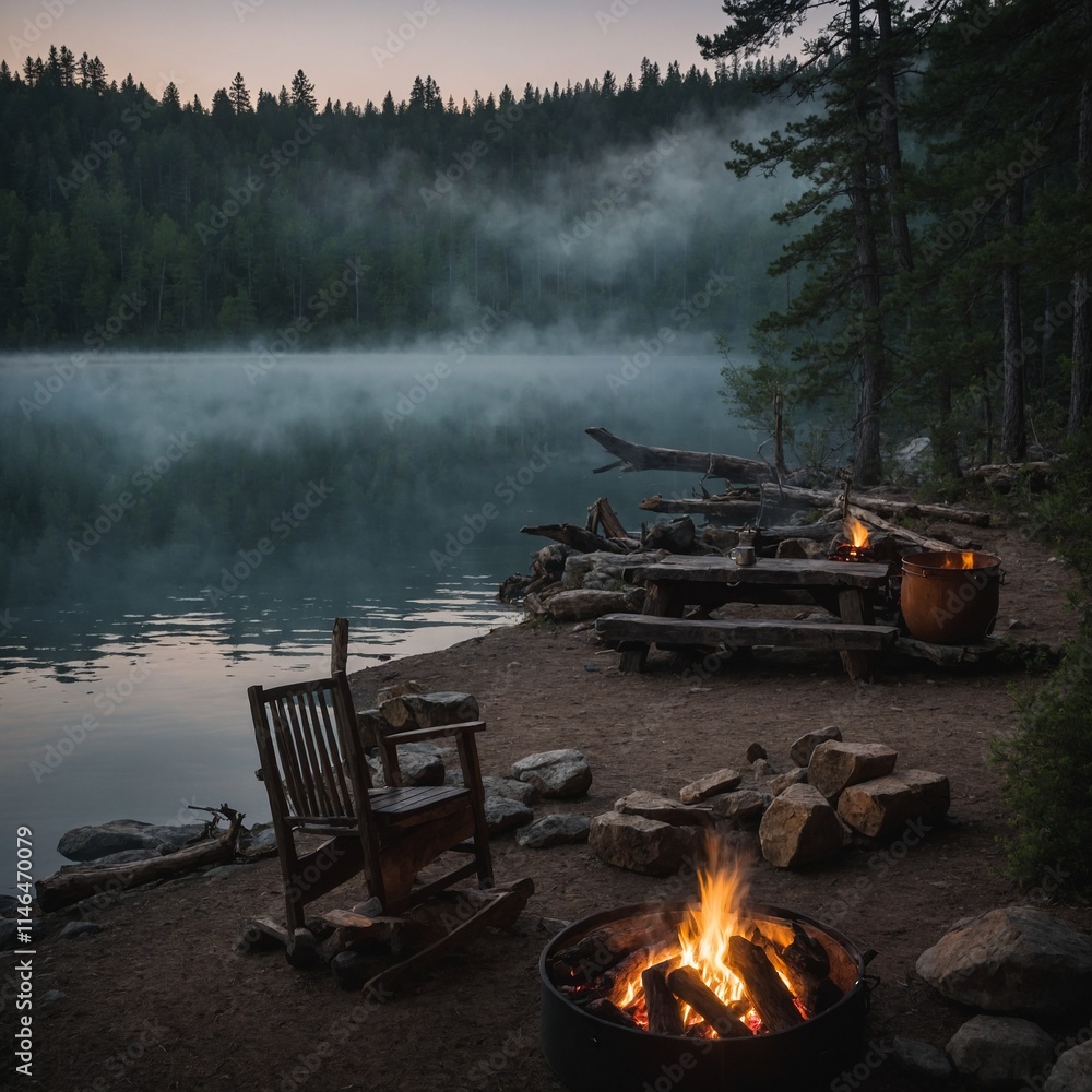 A trivia game night in a peaceful lakeside cabin, with a campfire outside and a gentle mist rising over the water at dawn. A trivia game night in a peaceful lakeside cabin, with a campfire outside and a gentle mist rising over the water at dawn.