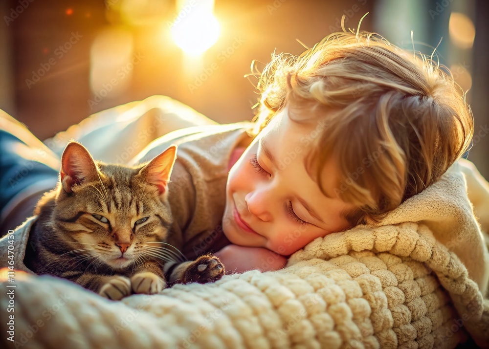 Child Sleeping Cat Nap Soft Light Afternoon Sunbeam Kitten Cozy Friend Child Sleeping Cat Nap Soft Light Afternoon Sunbeam Kitten Cozy Friend