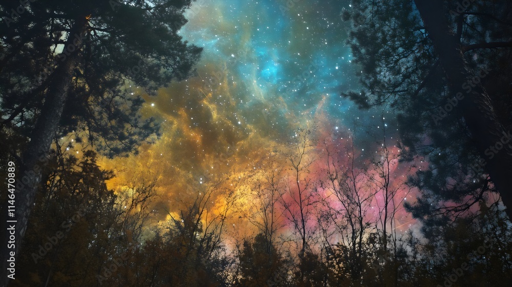 Fototapeta premium Majestic Forest Starscape Celestial Colors Cosmic Dreams Nature Splendor Night Sky