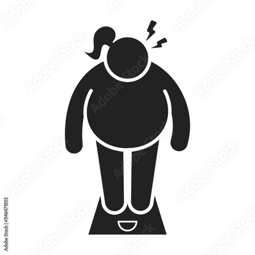 Isolated pictogram fat girl weight measure on scale, shocked big belly woman