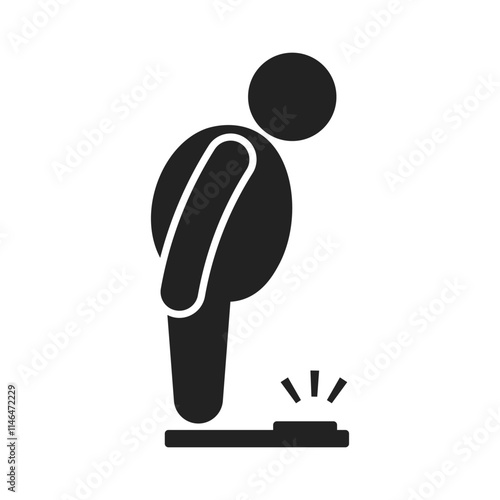 Isolated pictogram fat person weight measure on scale, shocked big belly man