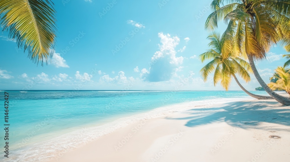 Fototapeta premium beach vacation, sandy shores, ocean waves, palm trees, tropical, relaxation, summer, travel