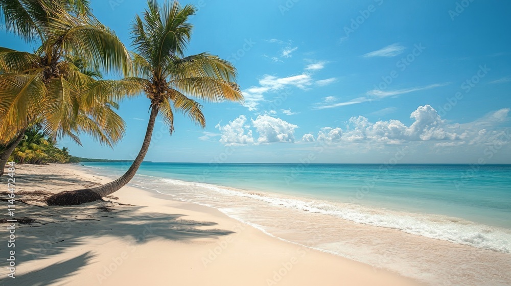 Obraz premium beach vacation, sandy shores, ocean waves, palm trees, tropical, relaxation, summer, travel