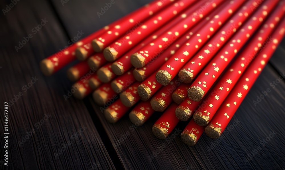 Red chopsticks with gold accents on dark wood surface. Red chopsticks with gold accents on dark wood surface.