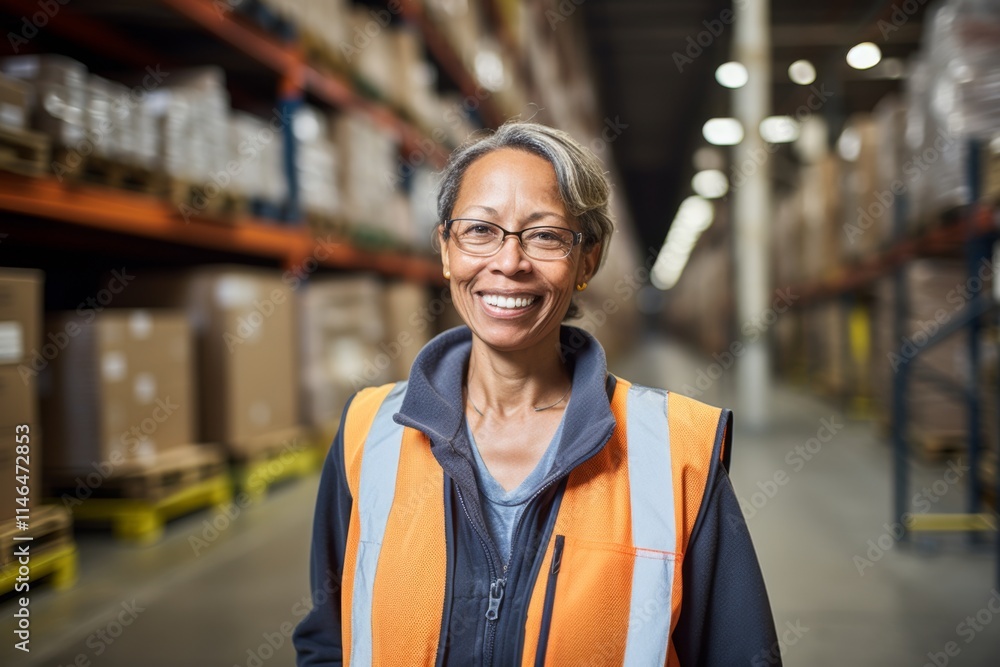 Portrait of a joyful middle aged female warehouse worker Portrait of a joyful middle aged female warehouse worker