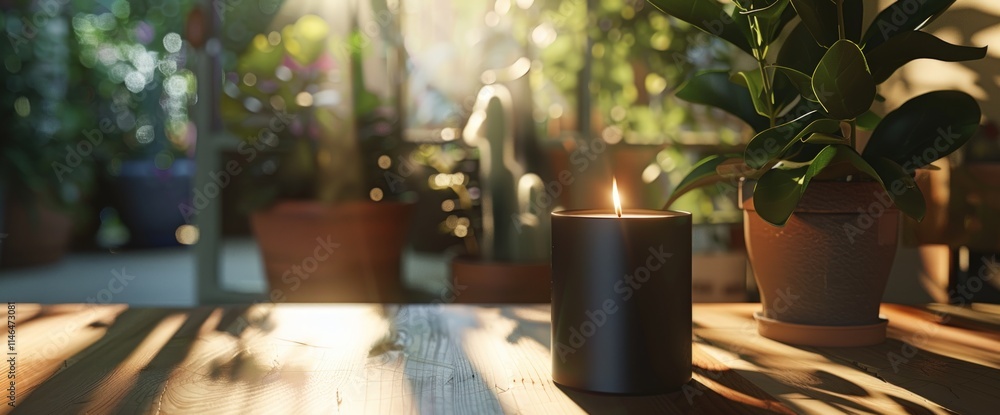 Lit candle on wooden table in sunlit room with plants. Lit candle on wooden table in sunlit room with plants.