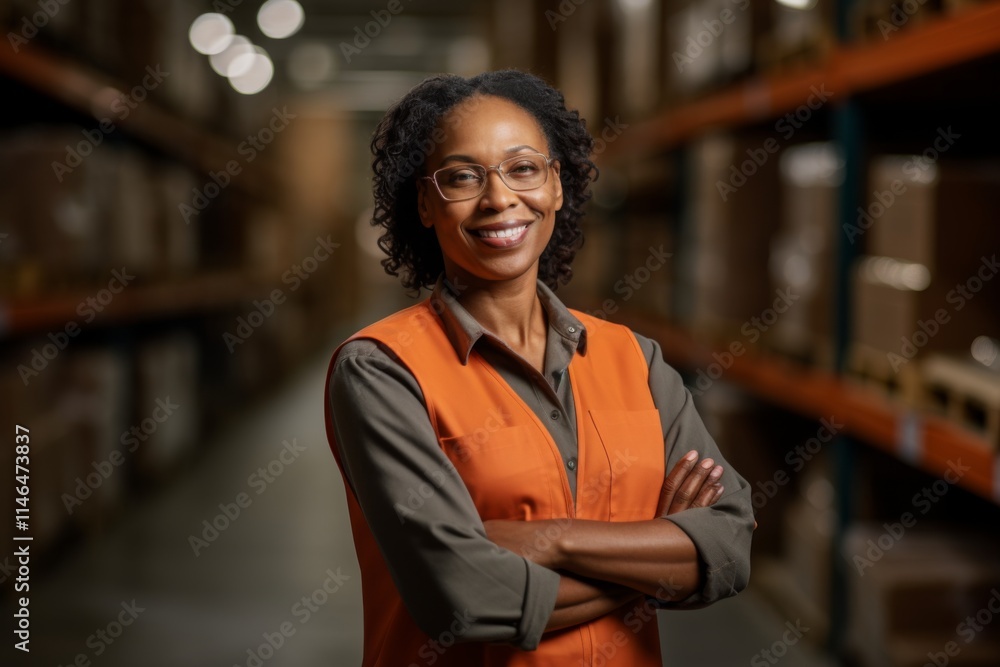 Portrait of a joyful middle aged female warehouse worker Portrait of a joyful middle aged female warehouse worker